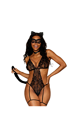 CAT LACE GARTER TEDDY BEDROOM COSTUME SET