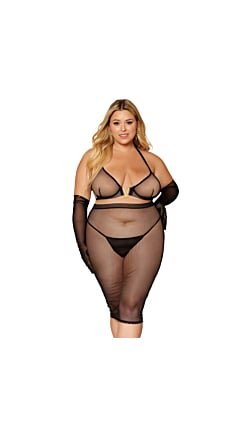 STRETCH FISHNET BRA AND SLIP SKIRT SET QUEEN