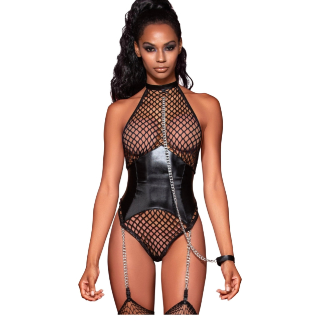 FISHNET CORSET STYLE HALTER TEDDY WITH COLLAR AND LEASH ACCENT