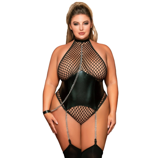 FISHNET CORSET STYLE HALTER TEDDY WITH COLLAR & LEASH ACCENT QUEEN