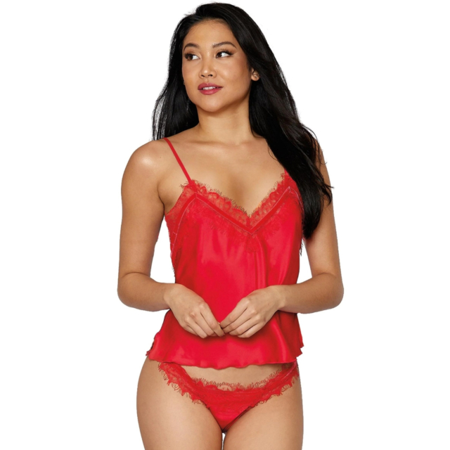 SATIN CAMISOLE  AND THONG SET WITH EYELASH LACE DETAIL