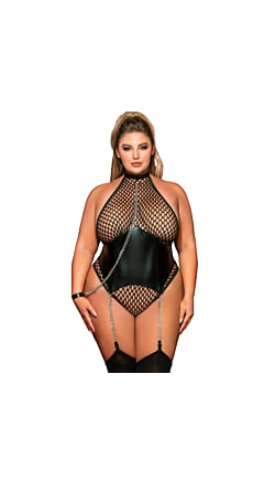 FISHNET CORSET STYLE HALTER TEDDY WITH COLLAR & LEASH ACCENT QUEEN