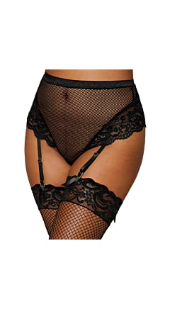 HIGH WAISTED MESH AND LACE GARTER THONG WITH SATIN TIE