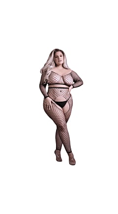 RHINESTONE FISHNET LONG SLEEVE TOP AND CROTCHLESS TIGHTS